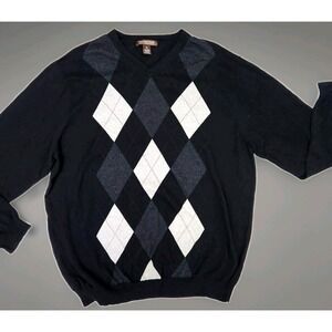 Chatham Road Sweater Men's XL Black Cashmere Blend V-Neck Argyle